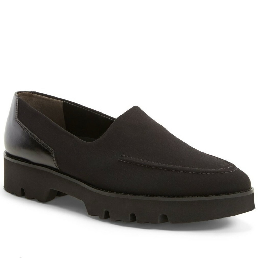 Paul Green Dara Black Ponte Leather Pointed Toe Lug Sole Chunky Loafer Sz UK 4.5